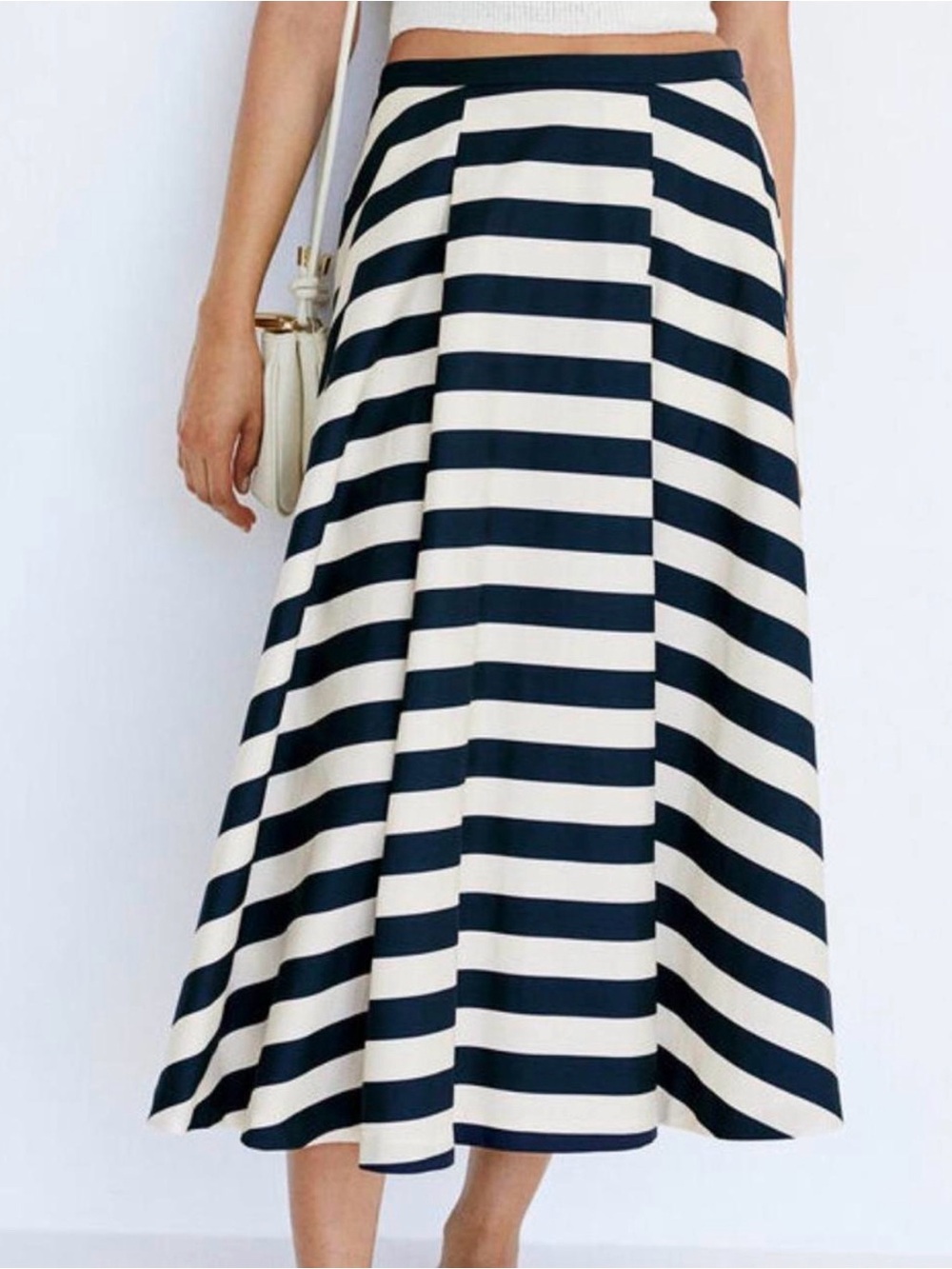 H&M Navy and White Striped A-Line Midi Skirt